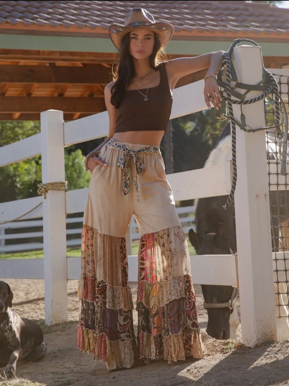 YOUNG THREADS Boho Patchwork Wide-Leg Pants - Beige Multicolor